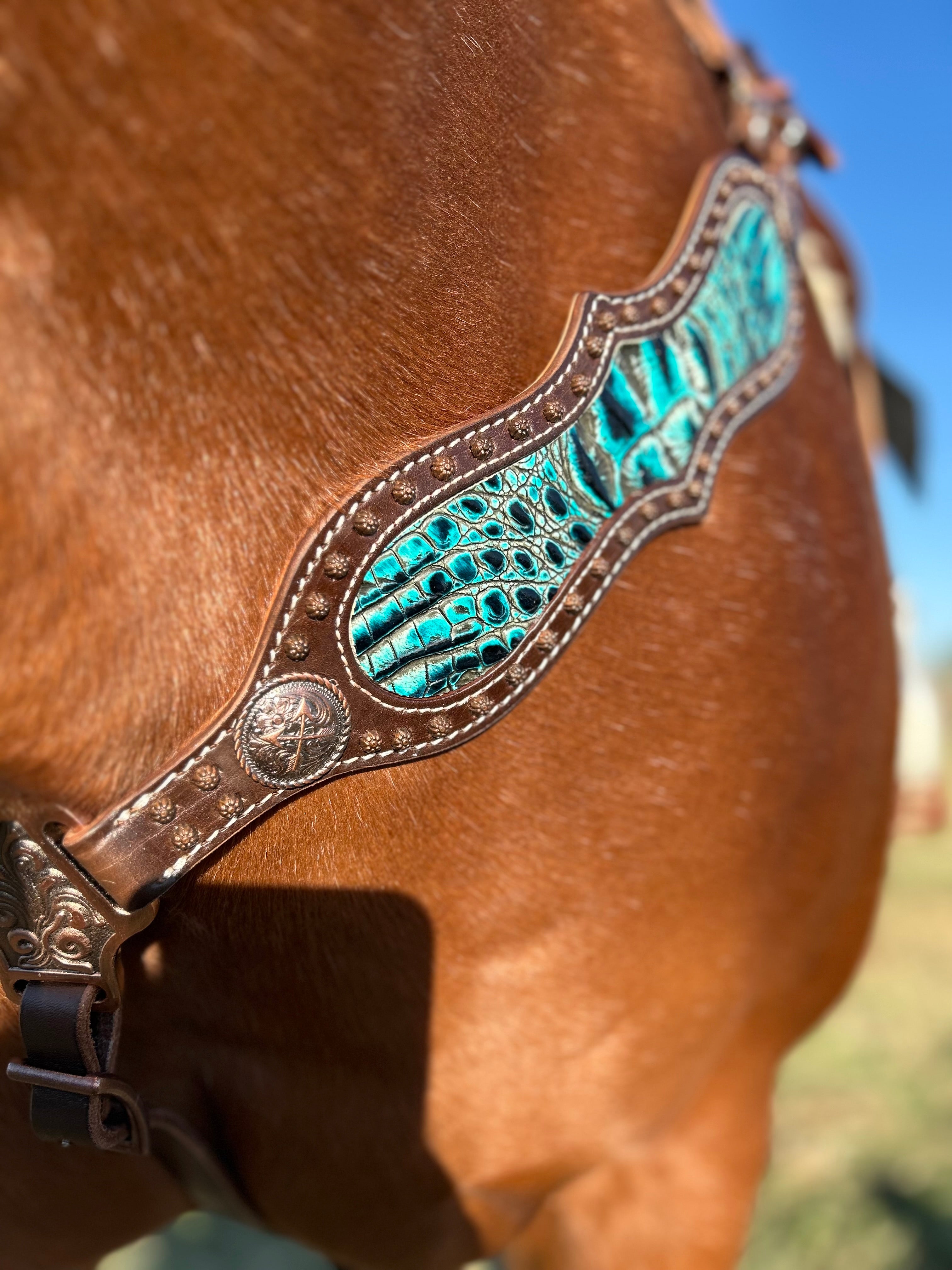 Western in Pony Or Horse DARK Leather good Hand painted Headstall Breastplate Reins Set- 1-Ear Browband with Teal and Pink Floral accents